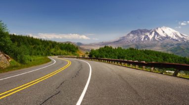 Frontview of a road in Washington with a mountain in the background