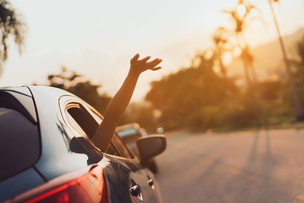 sideshot of hand coming out of car window in summer