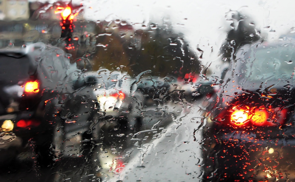 car in traffic during storm